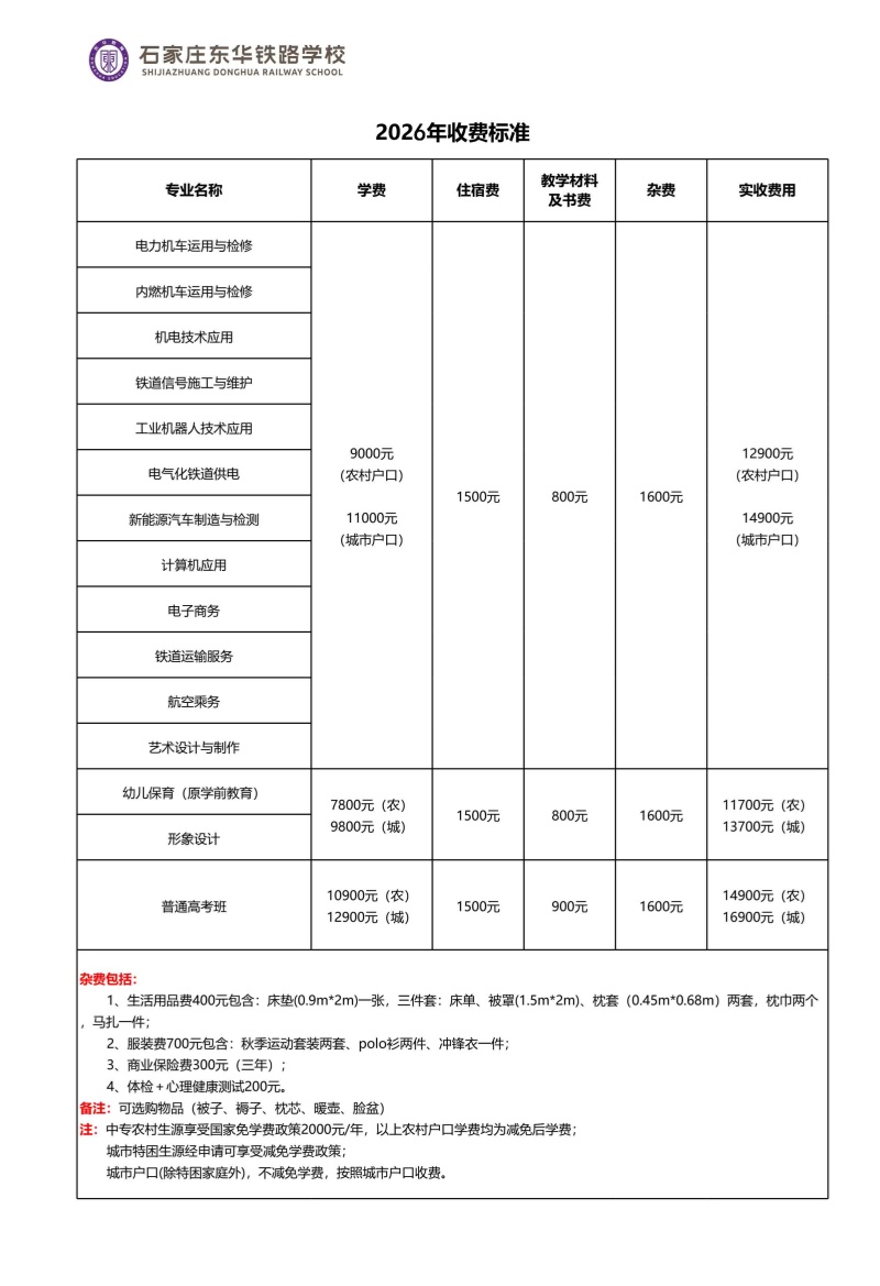 石家莊東華鐵路學校2026年秋季招生學費多少錢？有資助政策嗎？